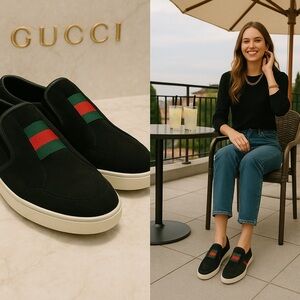 Gucci Black Suede Web Stripe Slip-On Sneakers Size 7.5